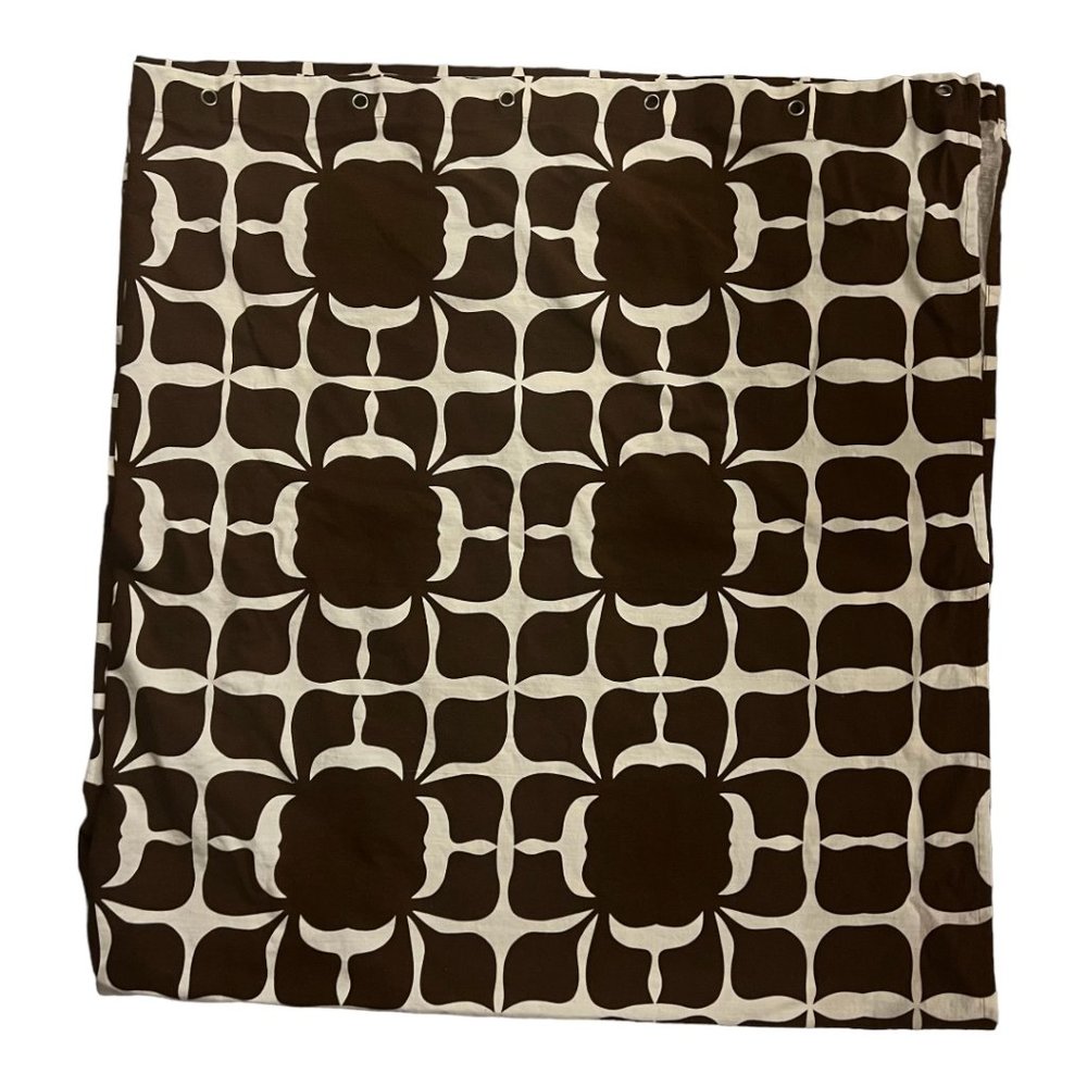 Brown & White Patterned Linen Shower Curtain, 68"L x 64"W, 12 Eyelets for Hooks